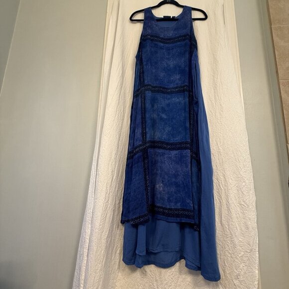 Chico's 90s Sleeveless Maxi Dress Artsy Boho Lagenlook Pockets Blue One Size - Picture 14 of 16